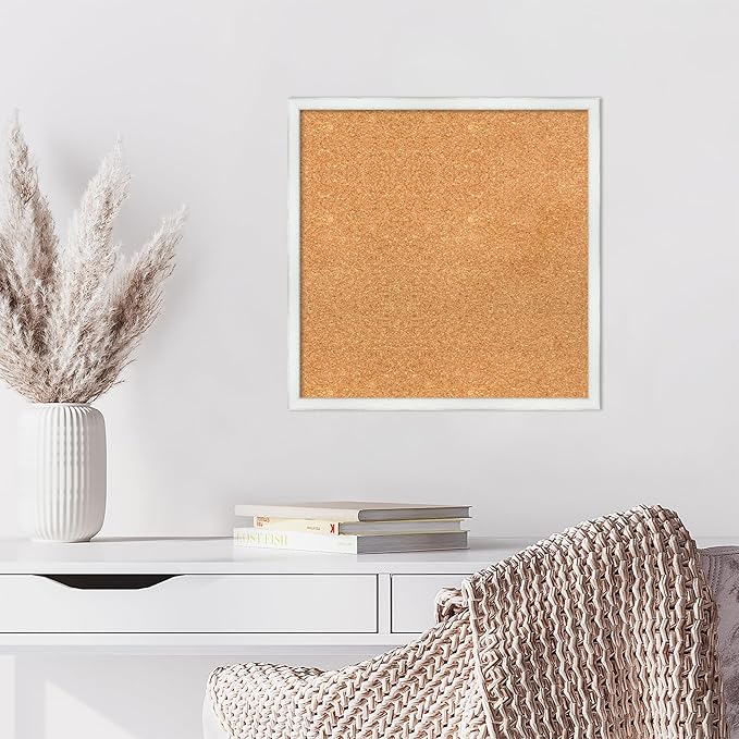 Amanti Art Natural Cork Board for Wall, 21x21 Vision Board with White Frame, Medium Corkboard Office Decor for Home Organization, Country Rustic Corkboard Pinboard to Display Items for Home