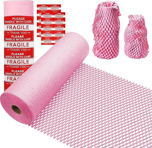 Honeycomb Packing Paper, 12" x 200' Packing Paper Substitute Alternative for Bubble Cushioning Wrap for Moving Shipping Packaging, Recyclable Moving Supplies Bubble Packing Wrap Roll-Pink