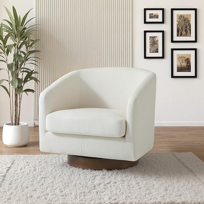 UIXE Swivel Accent Chair with Wood Base, Fabric Upholstered Barrel Chairs for Living Room, Comfy Round Armchair Single Sofa Bedroom Reading Seat - 31" W, Beige