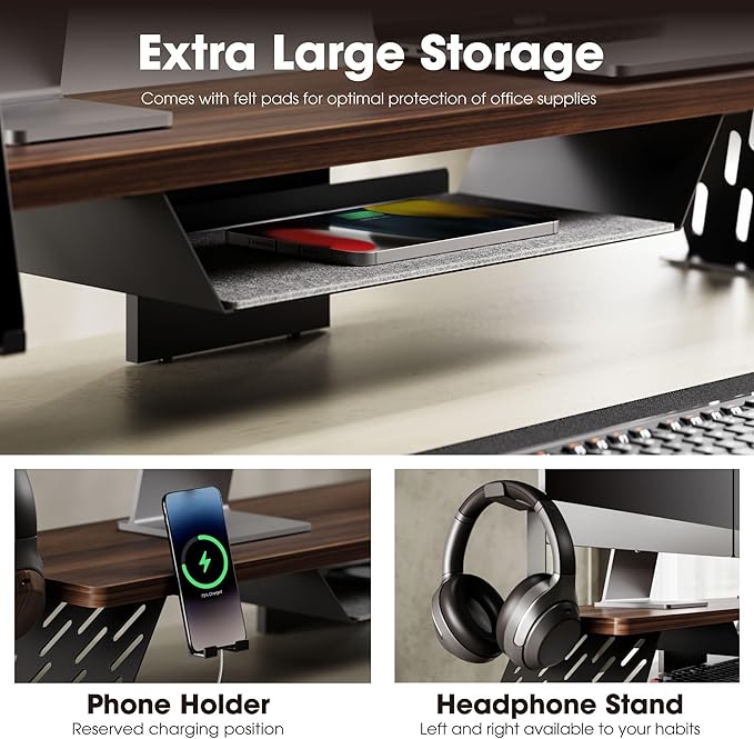 Fenge Dual Monitor Stand, 42.5 Inch Monitor Riser for Desk, Wood Desk Shelf for 2 Monitors, 2 Tier Monitor Shelf with Headphone Stand & Phone Holder