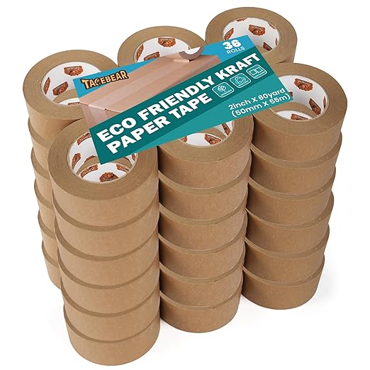 Eco-Friendly Kraft Paper Tape, Biodegradable Kraft Paper Tape, Recyclable Writable Packing Tape, Non-Coated Surface for Masking, Sealing, and Packaging Use, 2inch x 60yards, 36Rolls