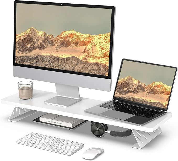 Fenge Monitor Stand Riser, Desk Top Shelf for 2 Monitors, Computer Stands for Desk, Wood & Steel Desktop Riser for Laptop, PC, Printer