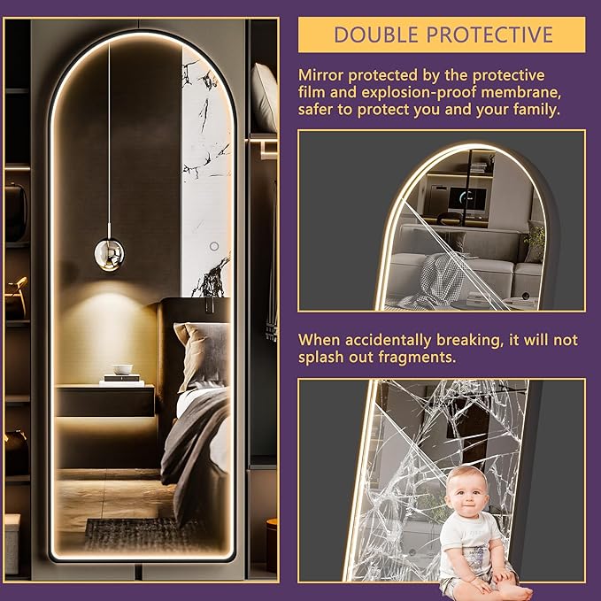 Hasipu 71" x 28" LED Mirror - Full Length with Lights, Arch Design, Wall Mounted, Dimming & 3 Color Modes