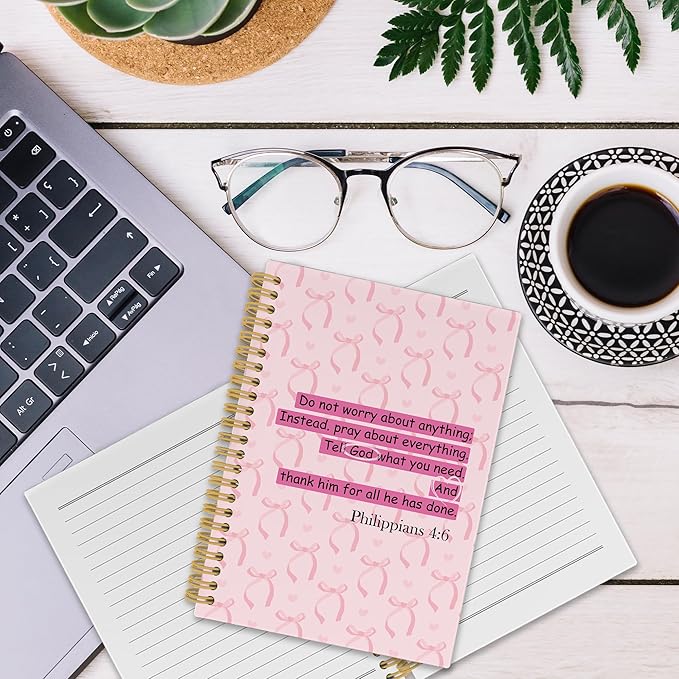 Coquette Pink Bows Christian Spiral Notebook, Scripture Bible Verses Journaling Notebooks for Church Office School, Preppy Girly Hardcover Journals for Teen Girls Women, 160 Pages 5.5 x 8.3 Inch