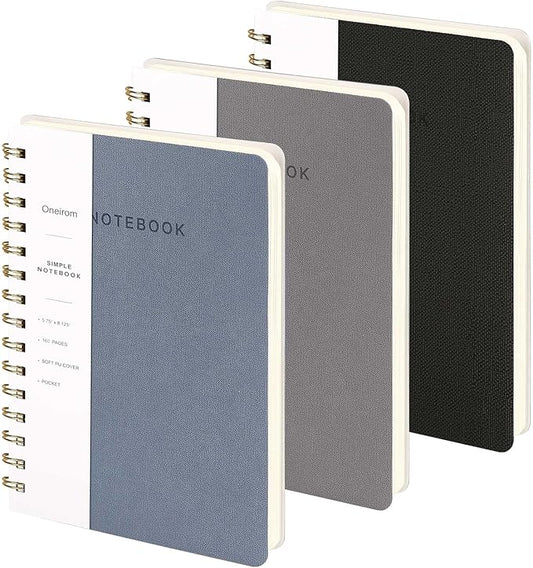 Lined Spiral Notebook College Ruled A5 Journal Book for Note Taking, 160 Pages Writing Journal for Office and Home School Supplies 5.75x8.125 inch (3pack-ReefBlue/Grey/Black)