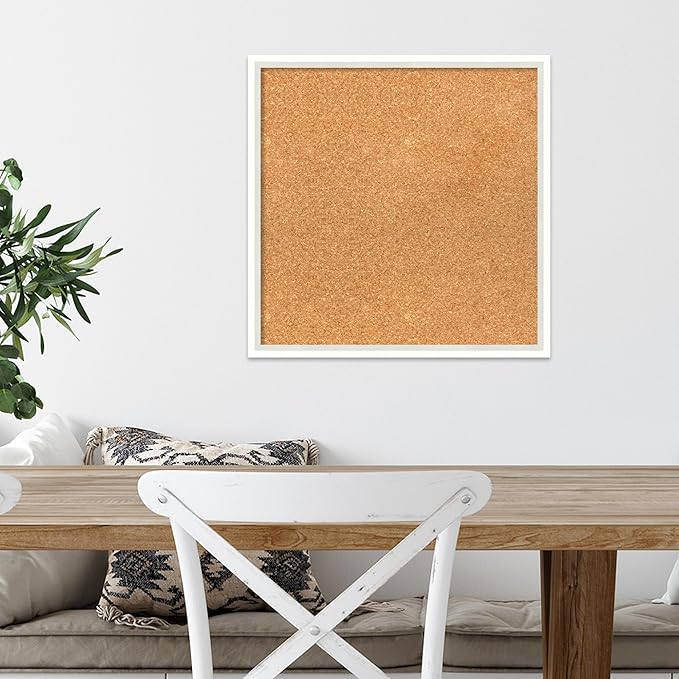 Amanti Art Natural Cork Board for Wall, 19x19 Vision Board with White Frame, Small Corkboard Office Decor for Home Organization, Modern Corkboard Pinboard to Display Items for Home Organization in