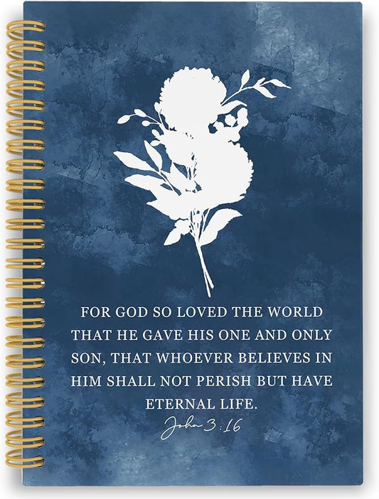 XPH Blue Christian Spiral Notebook, John 3:16 Bible Verse Journaling Notebooks for Women, Floral Religious Hardcover Journals for Writing 160 Pages 5.5 x 8.3 Inch, Christian Gifts for Women
