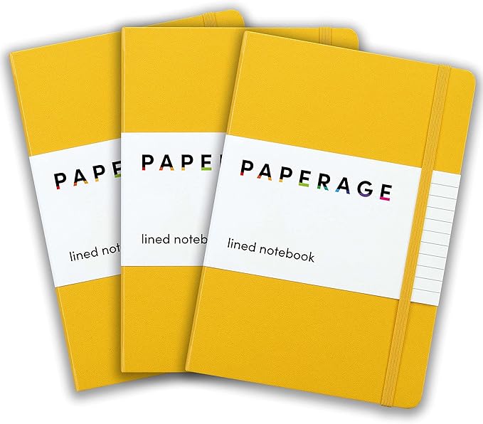 PAPERAGE Lined Journal Notebook, 3 Pack, (Yellow), 160 Pages, Medium 5.6 in x 8 in - 100 GSM Thick Paper – Hardcover Journaling Notebook for Work, School & Note Taking