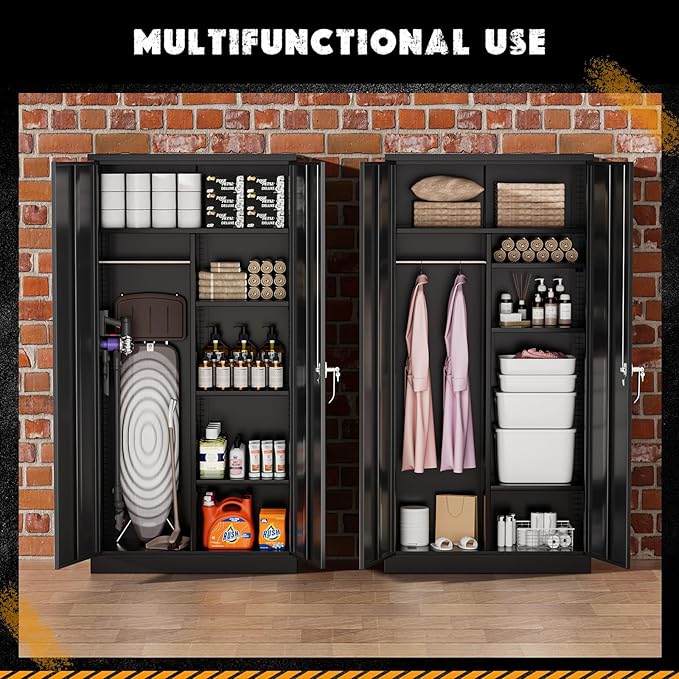 Greenvelly Metal Storage Wardrobe Cabinet with Doors, Black 72” Steel Wardrobe Closet, Employees Locker Closet Clothing Coat Steel Wardrobe Cabinet with Hanging Rod for Home Office Room School