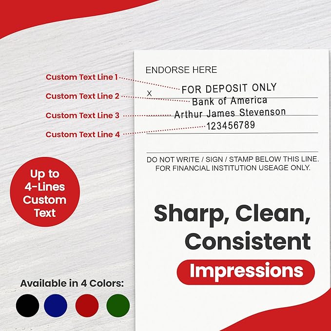 Promot Pre-Inked Custom Deposit Stamp - Personalized Text, Refillable Custom Stamp with Built-in Ink Reservoir, Easy 3-Step Re-Inking, Customized Rubber Stamp for Bank and Businesses (4-Lines)