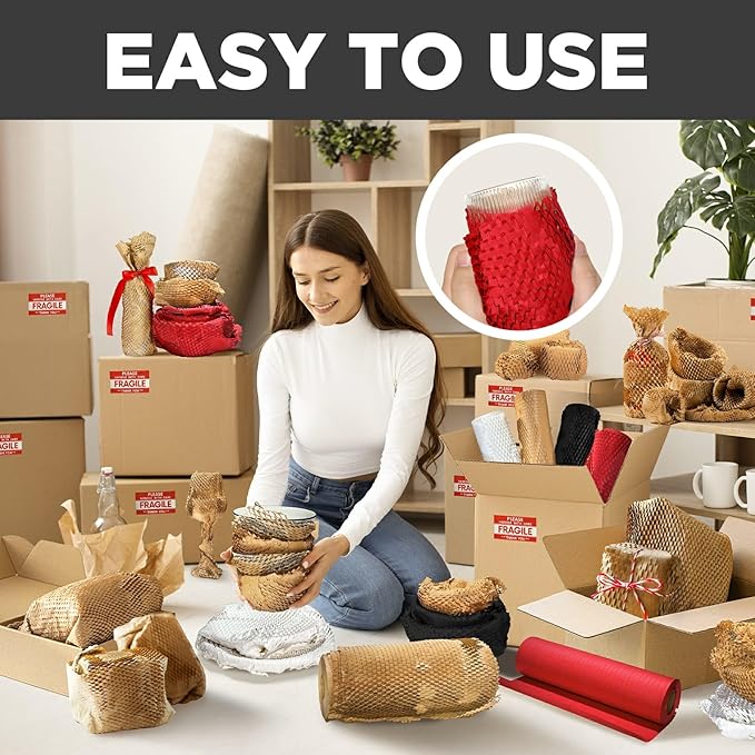 Honeycomb Packing Paper, 12"x50' Red | Perforated Honeycomb Packing Paper Recyclable Moving Supplies for Shipping & Moving | Plastic-Free Alternative to Bubble Cushion Wrap with 36 Fragile Stickers