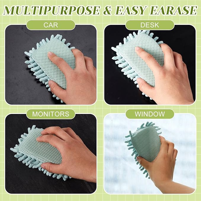 Zonon 4 Pieces Dry Erase Eraser Microfiber Shag Washable Whiteboard Eraser for Markers, Chalk, Classroom, Home and Office(Pink, Green, Gray)