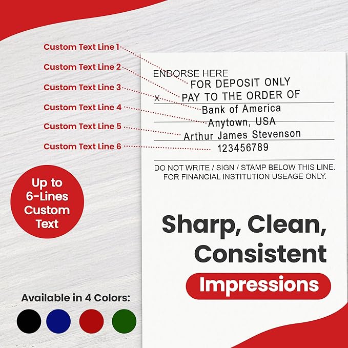 Promot Pre-Inked Custom Deposit Stamp - Personalized Text, Refillable Custom Stamp with Built-in Ink Reservoir, Easy 3-Step Re-Inking, Customized Rubber Stamp for Bank and Businesses (6-Lines)
