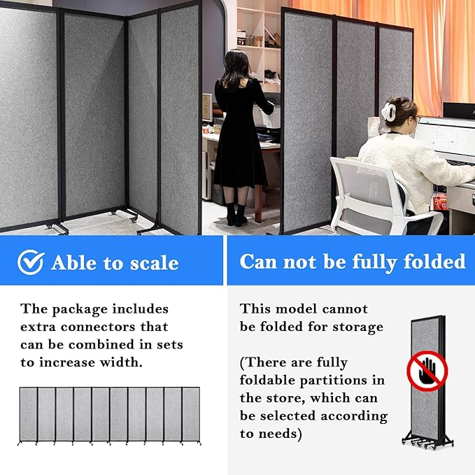 Upgrade Version Room Partition and Divider, Freestanding Rolling Dividers with Wheels,Office Privacy Screen Divider Wall,Classroom Felt Dividers,8'2"L* 6'7"H,4 Panel，Light Grey