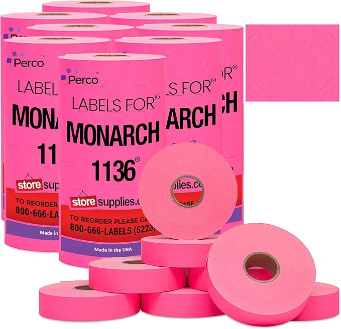 Perco Fluorescent Pink Pricing Labels for Monarch 1136 Price Gun - Case of 8 Sleeves, 112,000 Pricemarking Labels Value Pack
