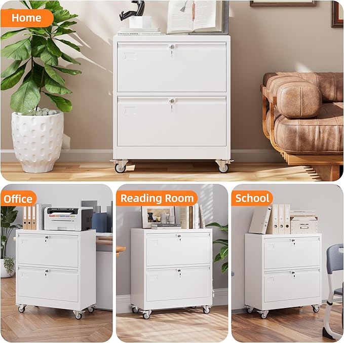 Aobabo Metal 2 Drawer Lateral File Mobile Cabinet with 2 Lock, File Cabinet with Wheels and Adjustable File Bars for Office,Home, for Letter/Legal Size,White, Assembly Required