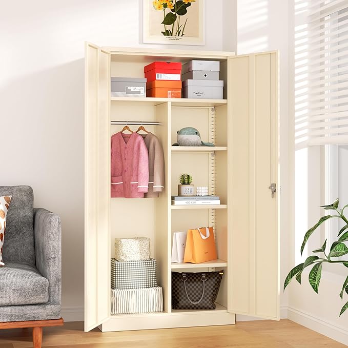 Greenvelly Metal Storage Wardrobe Cabinet with Lock, 72" Grey Metal Wardrobe Closet for Hanging Clothes with Doors and Shelves, Modern Clothes Closet for Home, Office and Bedroom, School,Gym