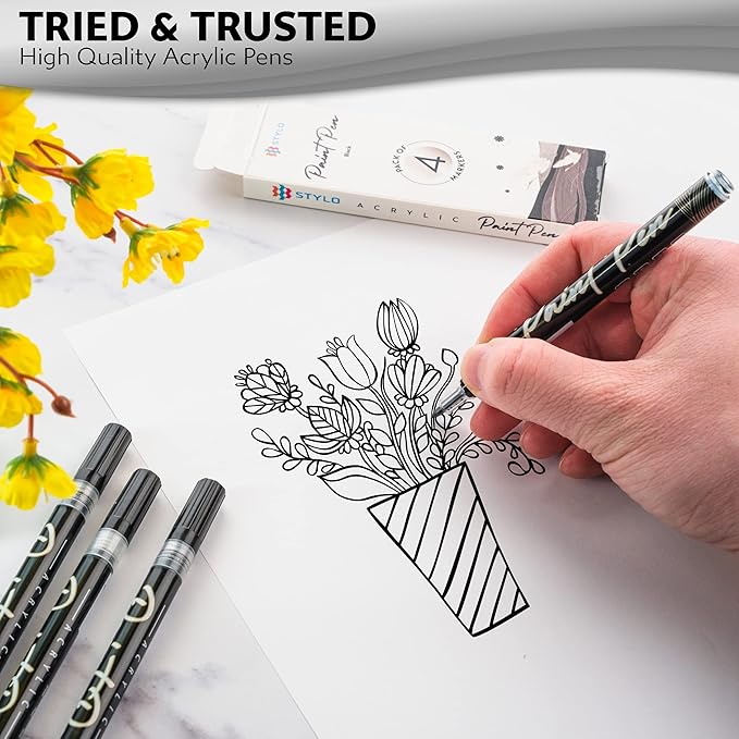 Stylo 8 Count Acrylic Metallic Pens - Black Paint Pens - Fine Tip Permanent Acrylic Metallic Paint Markers for Rock Painting, Glass, Wood, Ideal for Arts and Crafts (Pack of 8, Black)