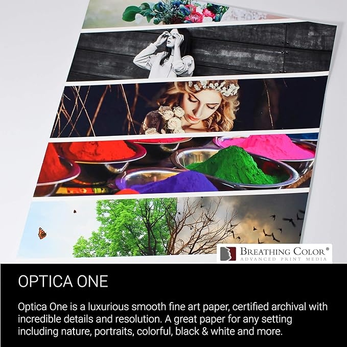 Optica One is a Luxurious 300 gsm Smooth Matte Fine Art Inkjet Paper Featured in a 60"x40' Roll; Its Bright White Color Makes It Ideal for Black and White and Color Prints. 100% Archival Certified