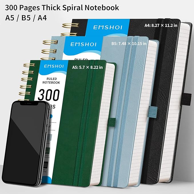 EMSHOI Spiral Notebook College Ruled, 300 Numbered Pages, A5 Small Hardcover Leather, 100 GSM Thick Lined Journal for Women Men Work Writing Journaling Note Taking, 5.7" x 8.22", Black