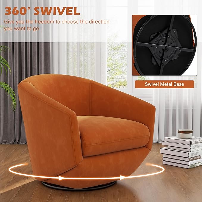 UIXE 360° Swivel Barrel Accent Chair, Velvet Upholstered Club Armchair for Living Room, Modern Round Arm Chair Single Sofa Bedroom Reading Seating (Orange)