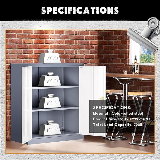 Greenvelly Metal Garage Storage Cabinet, Lockable Metal Cabinets with 2 Doors and Shelves,36”Steel Storage Locking Counter Cabinet for Office,Garage,Kitchen,Home,School(Grey White)