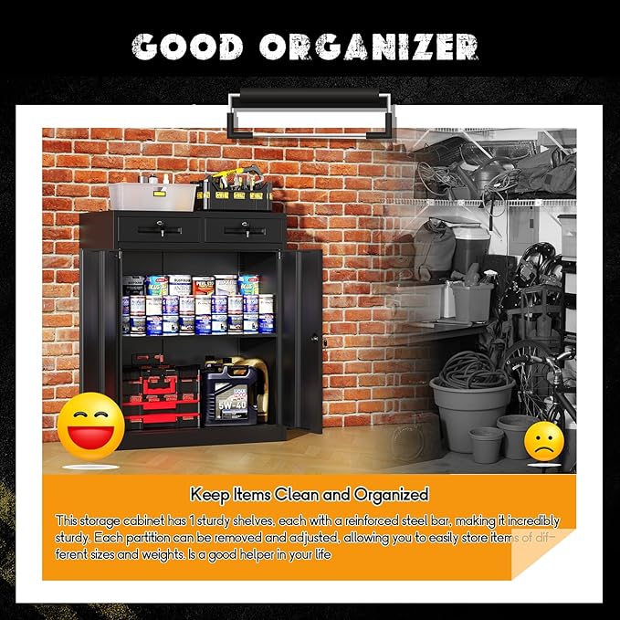 Greenvelly Metal Storage Cabinet with Drawers, 36' Black Steel Garage & Office Storage with Doors and Adjustable Shelves, Locking Metal Tool Cabinet