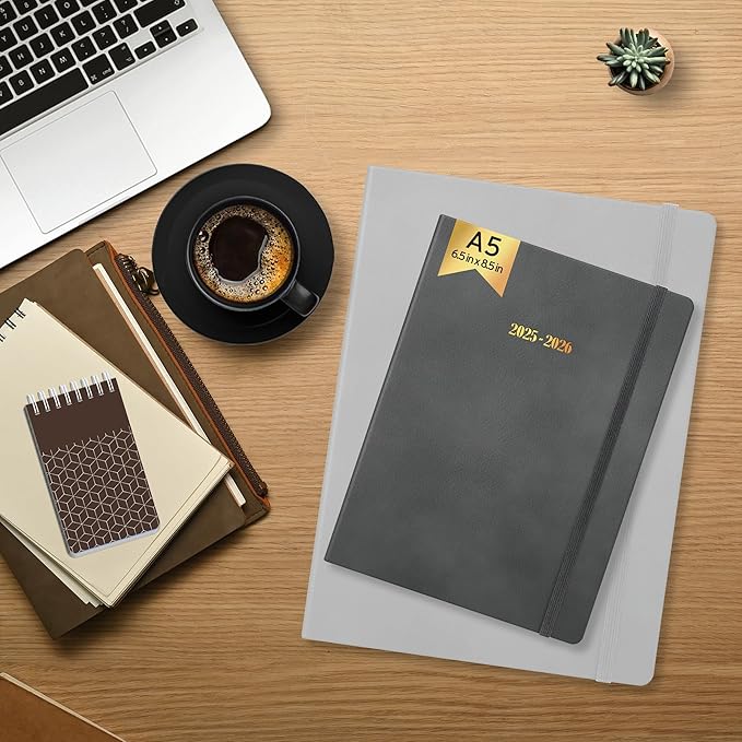 Ensight 2025-2026 HARDCOVER Leather Planner Weekly & Monthly - 6.5x8.5 Inches - Academic Planner Business Personal or Student - Pen Holder, Thick Paper, July 2025 - June 2026 (Grey)