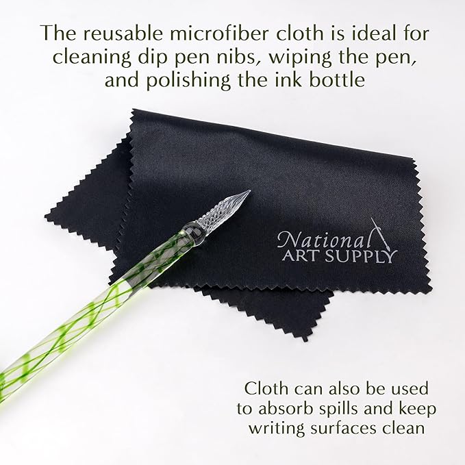 Ferris Wheel Press Juniper Moss 28ml Calligraphy Ink for Calligraphy & Dip Pens - National Art Supply 5x7 Microfiber Cloth - Moss Green with Gold Shimmers - Waterproof Dip Pen Ink for Artists