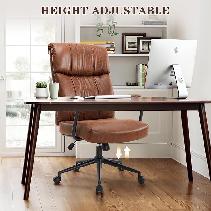 Mid Century Office Chair, Ergonomic Modern Breathable Fabric Home Desk Chair with Lumbar Support, Adjustable Height Swivel Computer Chair for Home Office (Brown)