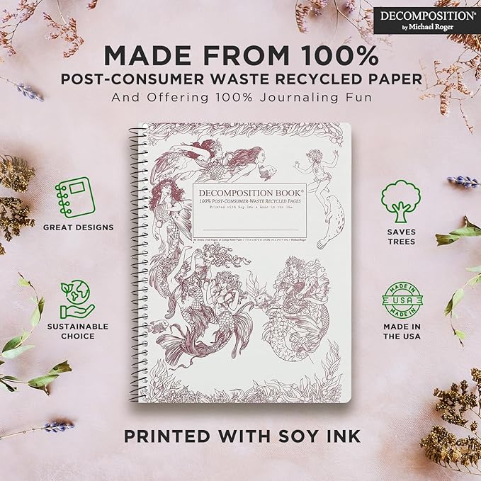 Decomposition Mermaids College Ruled Spiral Notebook - 9.75 x 7.5 Journal with 160 Lined Pages - 100% Recycled Paper - Cute Notebooks for School Supplies, Home & Office - Made in USA