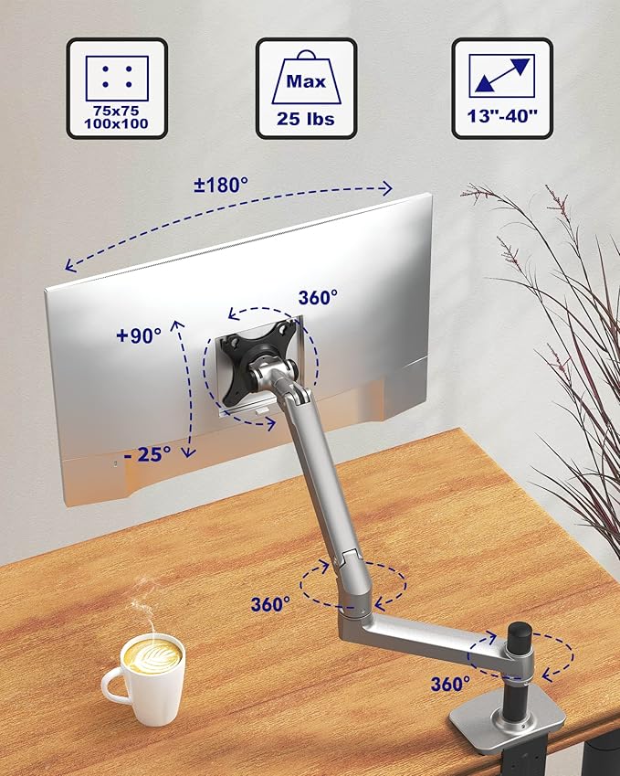 Single Monitor Arm Desk Mount, Holds Screens up to 40 Inches and 25 lbs, Fully Adjustable Vesa Monitor Mount with C-Clamp and Grommet Base, Aluminum, Silver