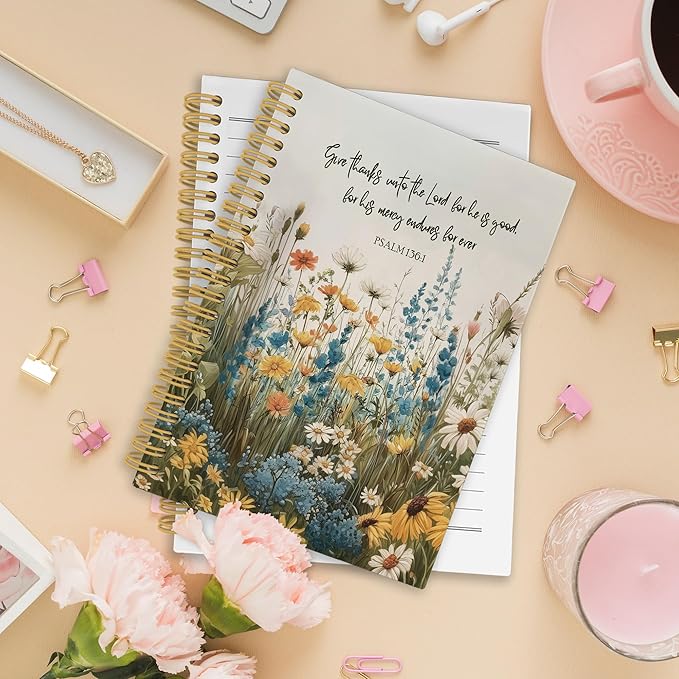 XPH Floral Christian Spiral Notebook, Bible Verse Psalm 136:1 Journaling Notebooks for Note Taking, Religious Hardcover Journal for Writing 160 Pages 5.5 x 8.3 Inch, Christian Gifts for Women