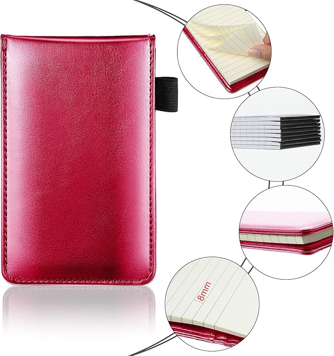 Outus 10 Pcs Pocket Notebook with Pen Set Included Mini Pocket Notepad Holder with 50 Lined Sheets, Metal Pen, 8 Pcs 3 x 5 Inch Memo Book Refills, 30 Lined Paper Per Note Pad (Rose Red)