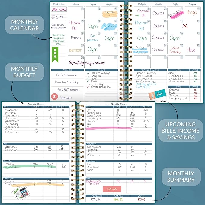 GoGirl Budget Planner & Monthly Bill Organizer – Monthly Financial Book with Pockets. Expense Tracker Notebook Journal, Large (Dark Teal)