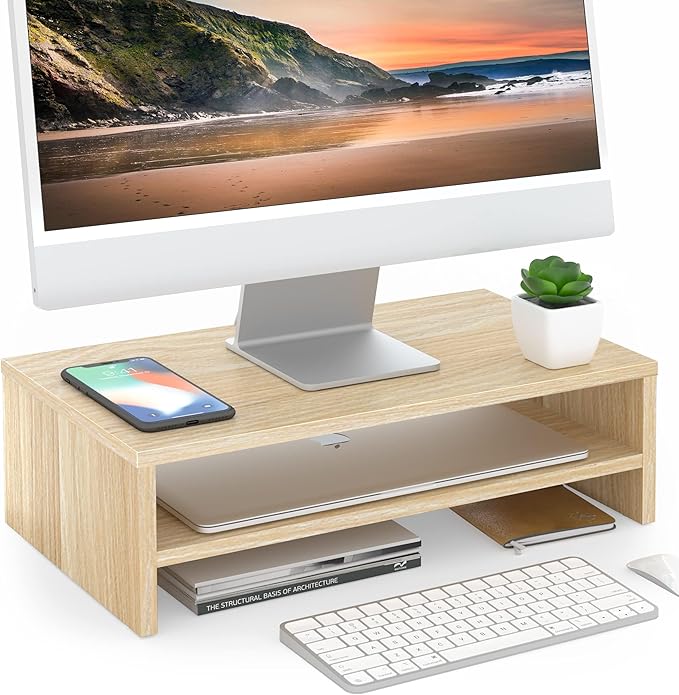 FITUEYES Monitor Stand - 2 Tier Computer Monitor Riser Shelf, Wood Desktop Stand for Laptop Computer Screen, Desk Organization, Office Supplies