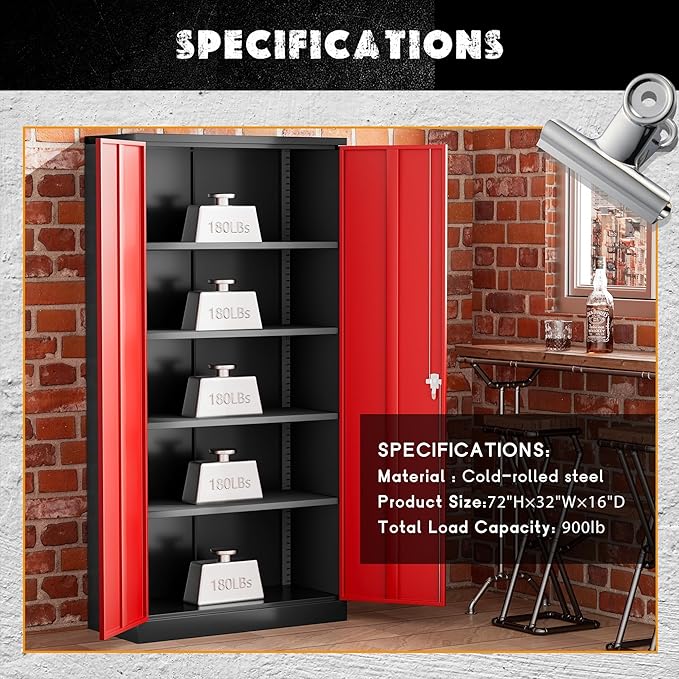 Greenvelly Metal Garage Storage Cabinet with Lock, 72" Metal Storage Cabinet with 2Doors and 4Adjustable Shelves, for Home Office, School,Gym (Black&Red)