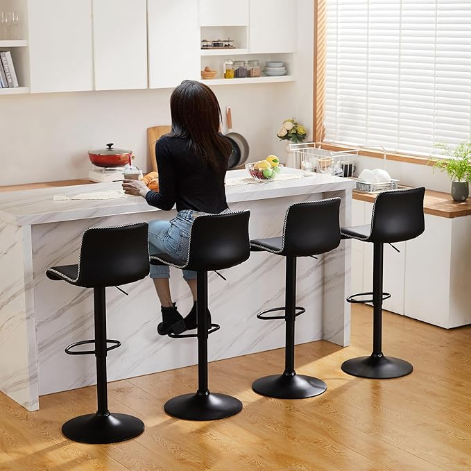 HeuGah Swivel Bar Stools Set of 4, Counter Height Bar Stools with Back, Adjustable Bar Stools 24" to 32", Black Faux Leather Bar Chairs for Kitchen Island (Black, Set of 4 (24'' to 32''))