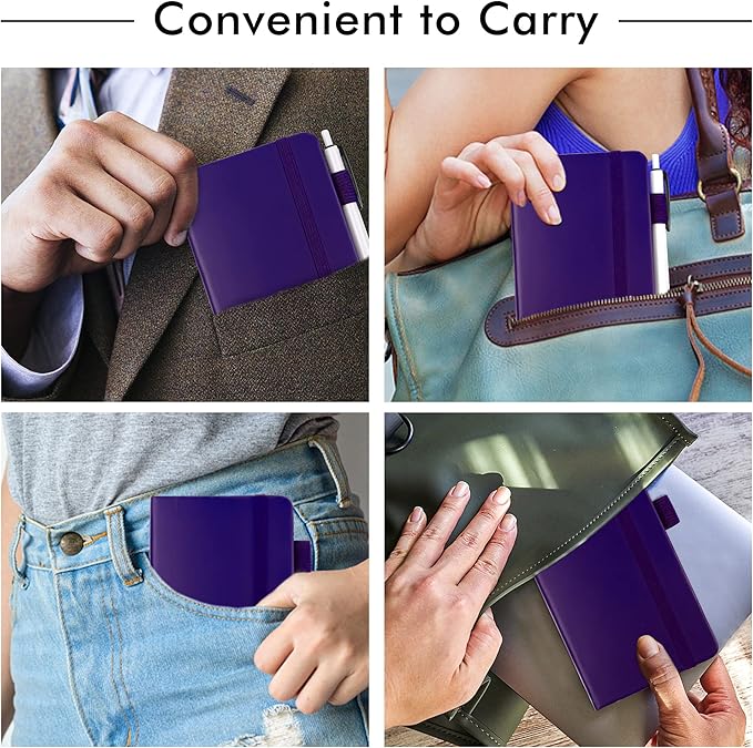 feela 15 Pack Pocket Small Notebooks Bulk, Mini Cute Notepads Hardcover College Ruled Lined Journals with Pen Holder for School Business Memos, with 15 Black Pens, 3.5”x 5.5”, A6, Purple