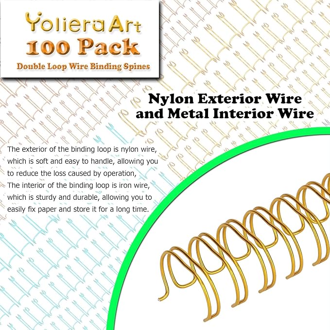 1/2 Inch Wire Cinch Book Binding Gold 3:1 Pitch, 100 Pack Double Loop Metal Spiral for Bindings Fit for School Office Notebook Maker, YolieraArt Office Products Binding Combs 100 Sheet Capacity