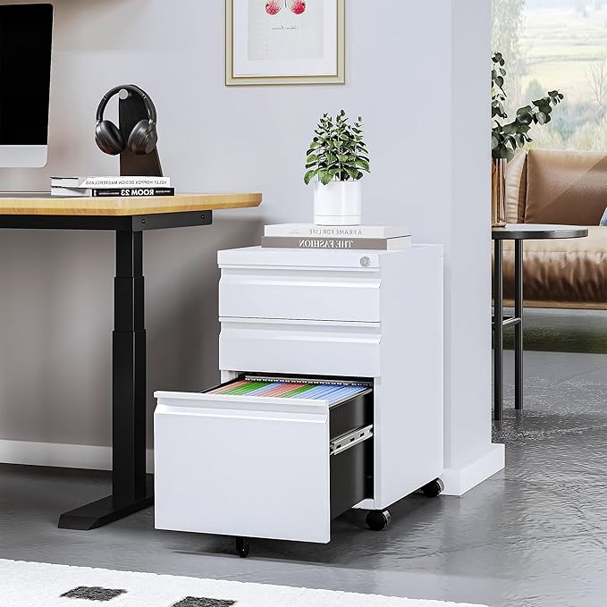 STANI Mobile File Cabinet with Lock Under Desk 3 Drawer Metal Filing Cabinet Locking Office Mobile Cabinet with Wheels Under Desk Office Drawers Rolling Mobile File Cabinet Fully Assembled