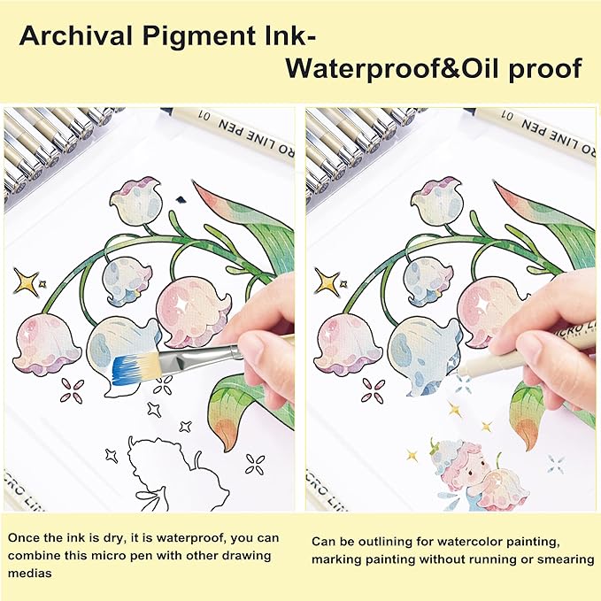 Micro Fineliner Pens 9 Size/Set, Ultra Fine Fineliner, Soft Nib, Brush Marker, Water-based Black Pigment Ink, Drawing Journaling Doodle Supplies for Artists, Designers, Students