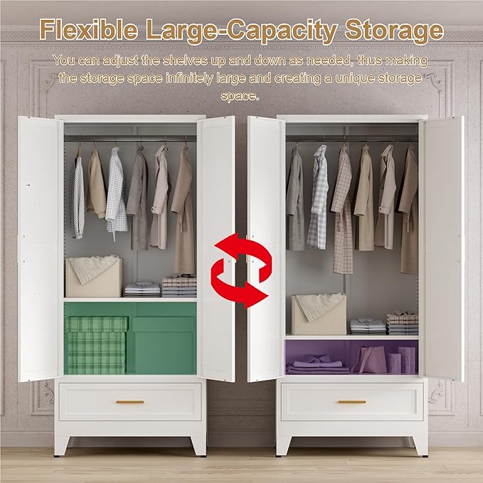 71'' Farmhouse Metal Wardrobe Cabinet with Hanging Rod, 2 Barn Door Wardrobe Closet with Adjustable Shelves,Drawer,for Dining Room,Bedroom,Living Room, Cloak Room,Office (White)