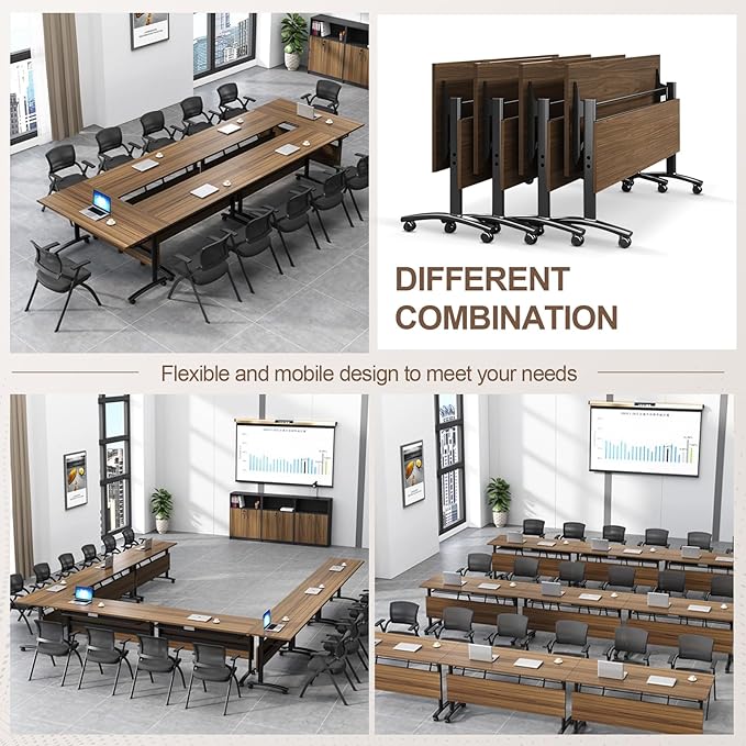 Folding Conference Room Table, Modern Conference Tables with Wheels, Large Rectangular Mobile Training Tables for Office Classroom, Foldable Modular Boardroom Seminar Table Walnut (8pack L55.1in)