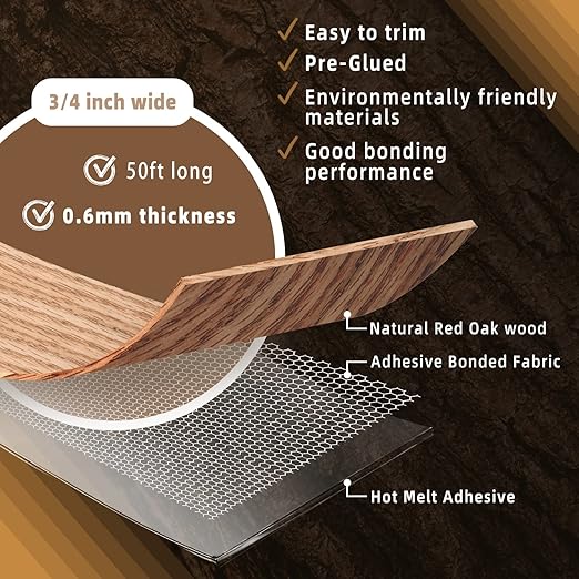 GSCIT Club Red Oak Edge Banding, 3/4 inch x 50ft roll of Veneer Edge Banding Preglued Flexible, Real Wood Tape Banding