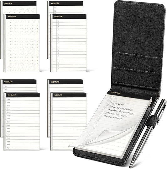 WEMATE 10 Pieces Small Notepad Holder Set Pocket Notebook - Included Mini Pocket Notepad Holder Set with 8 Memo Book Refills and Metal Pen for Meetings, Daily Records, and Notes 3 x 5 Inch (Black)