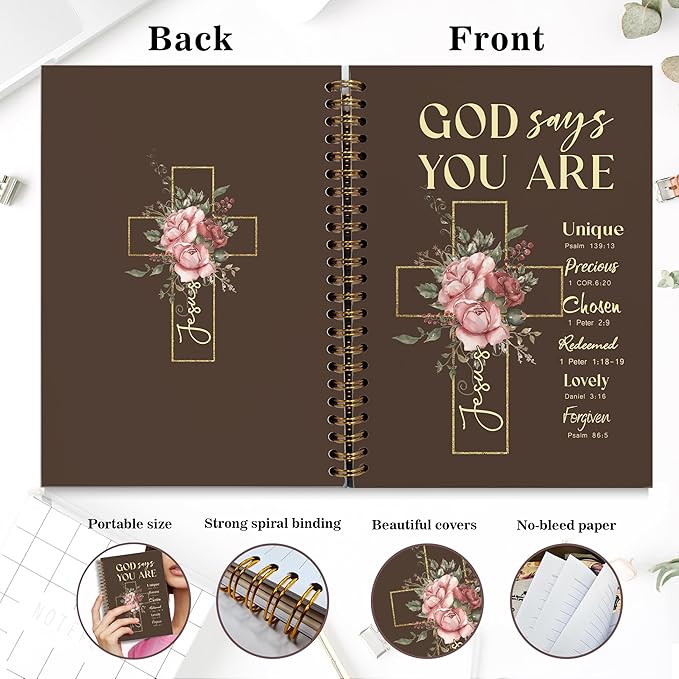Bible Notebook, A5 Spiral Christian Journal with Floral Notebook, Bible Verse-God Says You Are, Inspirational Notebooks for Women, Bible Study, Gift for Birthday Christmas, Office Supplies (Brown)