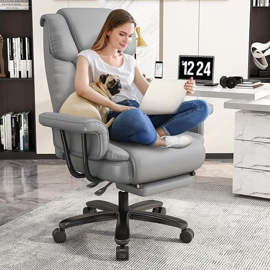 GYI Criss Cross Chair with Wheels, 160°Big and Tall Reclining Office Desk Chair with High Back, Wide Seat, Arms, Footrest, Grey