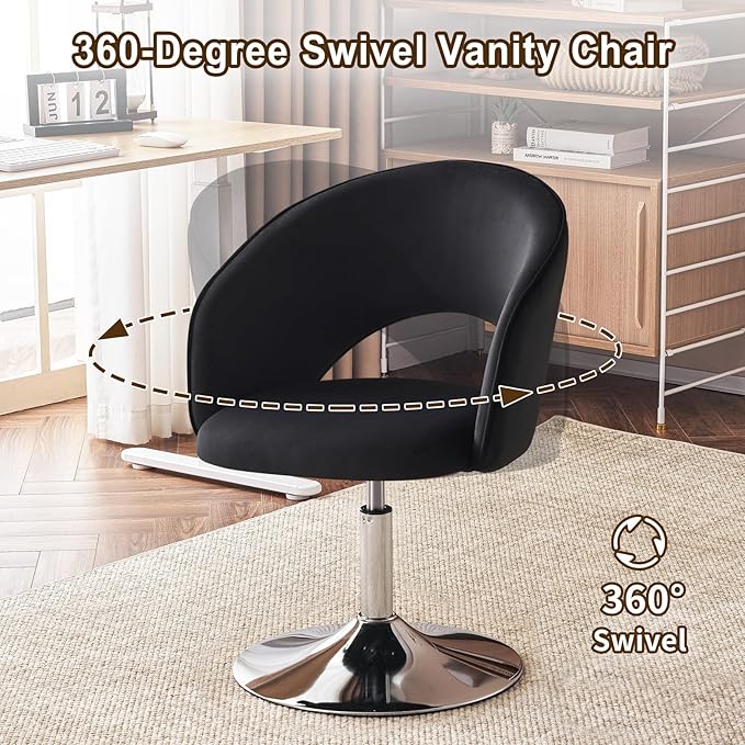 Furnimart Adjustable Black Vanity Chair with Back, Velvet Makeup Chair Swivel Accent Chair with Chrome Frame Hollow Backrest, Side Chair for Living Room, Makeup Room, Bedroom (Black)