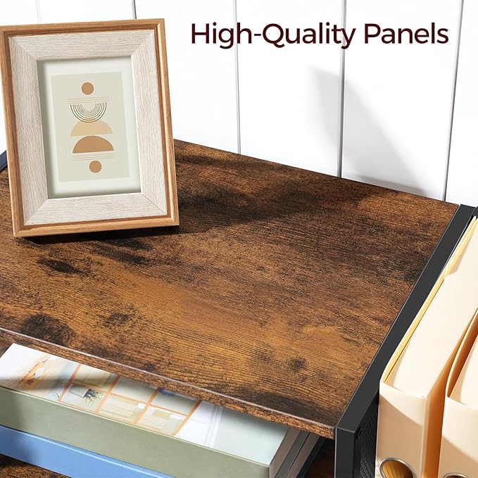 Home Printer Stand for Desk, Desktop Printer Table with Storage Drawer and Side Book Stand, 2-Tier Printer Shelf, Desk Organizer for Home Office, Rustic Brown and Black PTHR3001